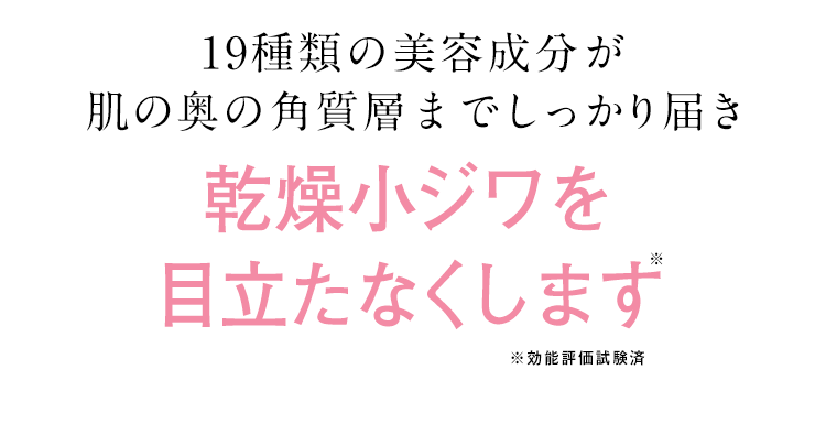 19種類の美容成分が肌の奥の角質層までしっかり届き乾燥小ジワを目立たなくします※ ※効能評価試験済