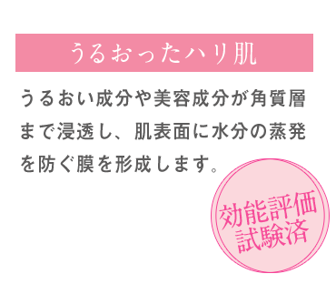 うるおったハリ肌 うるおい成分や美容成分が角質層まで浸透し、肌表面に水分の蒸発を防ぐ膜を形成します。 効能評価試験済