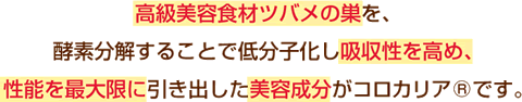 高級美容食材ツバメの巣を、酵素分解することで低分子化し吸収性を高め、性能を最大限に引き出した美容成分がコロカリアです。