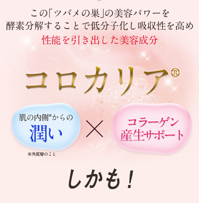 この「ツバメの巣」の美容パワーを 酵素分解することで低分子化し吸収性を高め性能を引き出した美容成分「コロカリア(R)」肌の内側※からの潤い（※角質層のこと）×コラーゲン産生サポート