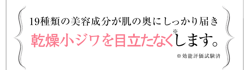 19種類の美容成分が肌の奥にしっかり届き乾燥小ジワを目立たなくします。※効能評価試験済