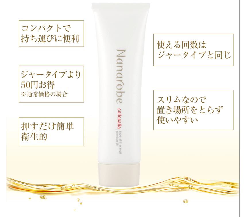 コンパクトで持ち運びに便利 使える回数はジャータイプと同じ ジャータイプより50円お得※通常価格の場合 スリムなので
	置き場所をとらず使いやすい 押すだけ簡単衛生的