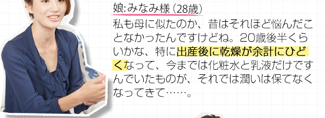 娘:みなみ様（28歳）私も母に似たのか、昔はそれほど悩んだことなかったんですけどね。20歳後半くらいかな、特に出産後に乾燥が余計にひどくなって、今までは化粧水と乳液だけですんでいたものが、それでは潤いは保てなくなってきて・・・・・・。