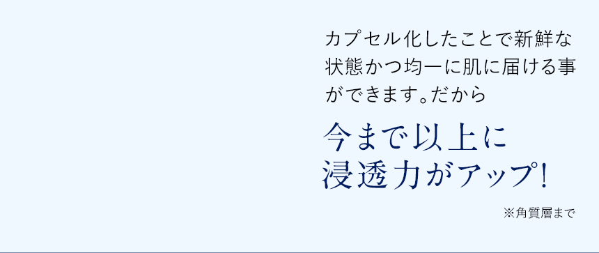 カプセル化したことで新鮮な状態かつ均一に肌に届ける事ができます。だｋら今まで以上に浸透力がアップ！※角質層まで