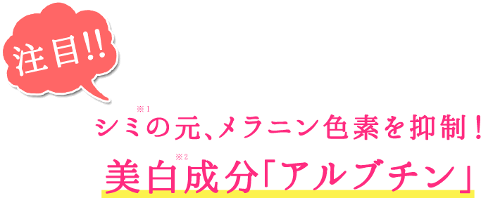 注目!!シミ(*1)の元、メラニン色素を制御！美白(*2)成分「アルブチン」