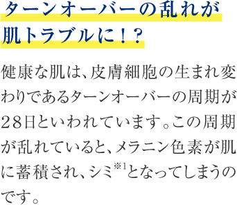 ターンオーバーの乱れが肌トラブルに！？「健康な肌は、皮膚細胞の生まれ変わりであるターンオーバーの周期が28日といわれています。この周期が乱れていると、メラニン色素が肌に蓄積され、シミ(*1)となってしますのです。」
