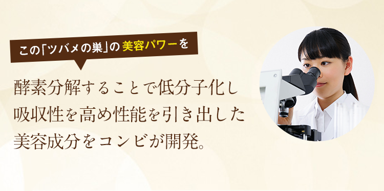 この「ツバメの巣」の 美容パワーを酵素分解することで低分子化し吸収性を高め性能を引き出した美容成分をコンビが開発。