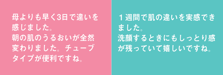 母よりも早く3日で違いを感じました。朝の肌のうるおいが全然変わりました。チューブタイプが便利ですね。 １週間で肌の違いを実感できました。洗顔するときにもしっとり感が残っていて嬉しいですね。