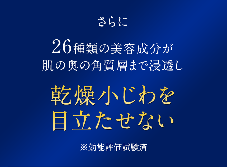 さらに26種類の美容成分が肌の奥の角質層まで浸透し乾燥小じわを目立たせない（※効能評価試験済）