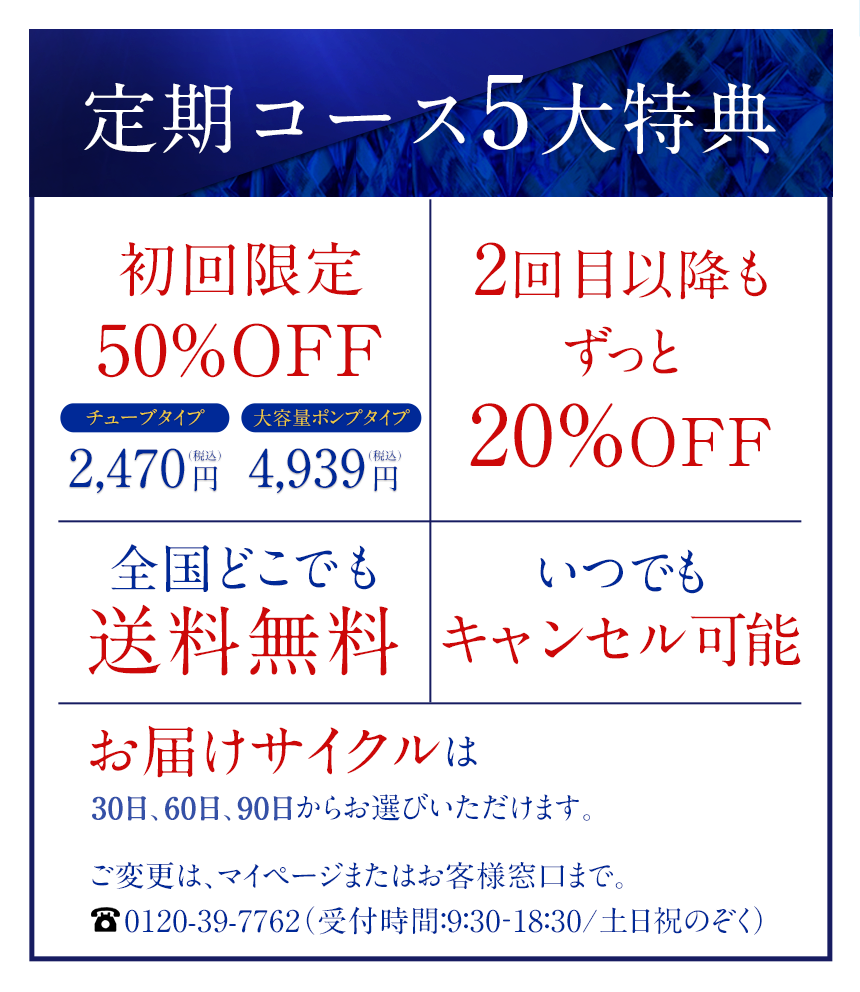 定期コース５大特典「初回限定50%OFF（チューブタイプ/2,245円税別）（大容量ポンプタイプ/4,490円税別）」「２回目以降もずっと20%OFF」「全国どこでも送料無料」「いつでもキャンセル可能」「お届けサイクルは30日、60日、90日、120日からお選びいただけます。ご変更は、マイページまたはお客様窓口まで。0120-39-7762（受付時間/9:30～18:30/土日祝のぞく）」