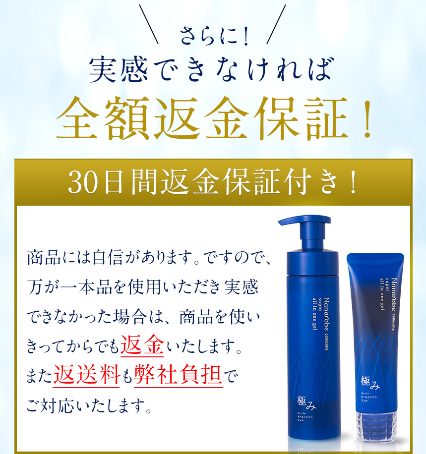 さらに実感できなければ全額返金保証！「30日間返金保証付き！」商品には自信があります。ですので、万が一本品を使用いただき実感できなかった場合は、商品を使いきってからでも返金いたします。また返送料も弊社負担でご対応いたします。